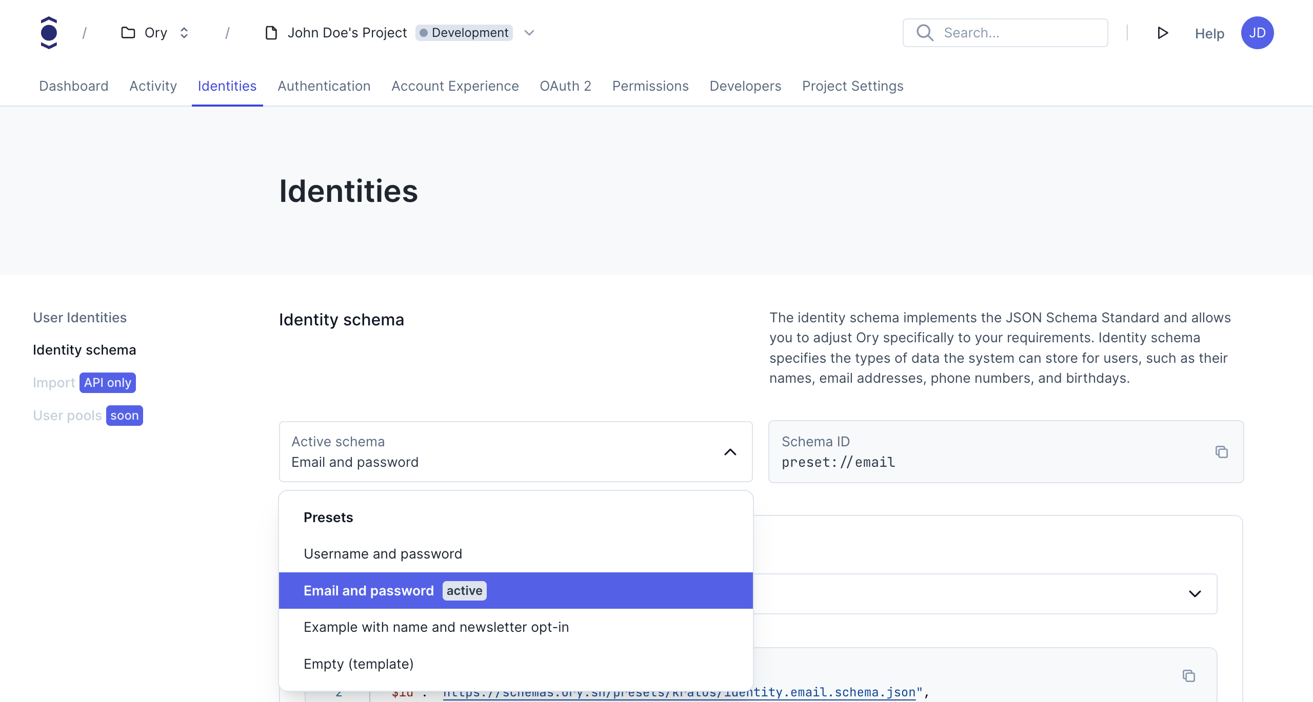 Active schema dropdown